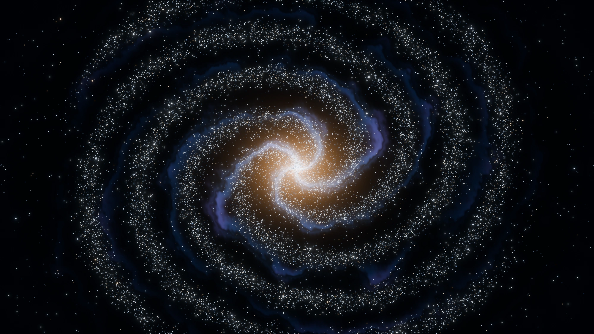An original spiral galaxy with a luminous core and scattered star systems